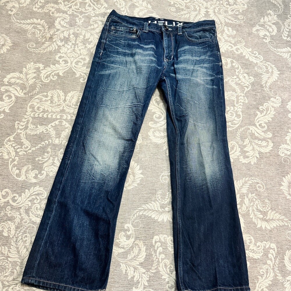 Helix Men's Slim Bootcut Jeans Dark Wash Distressed Whiskered Blue 32x30